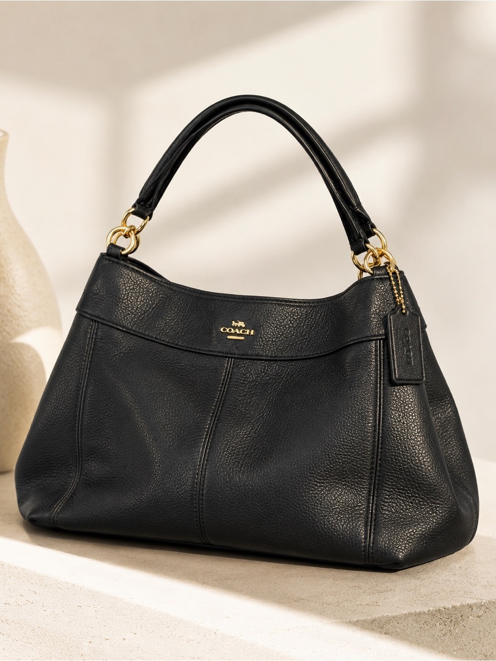 Coach Black Pebbled Leather Shoulder Bag Gold Hardware Y2K Slouchy Hobo